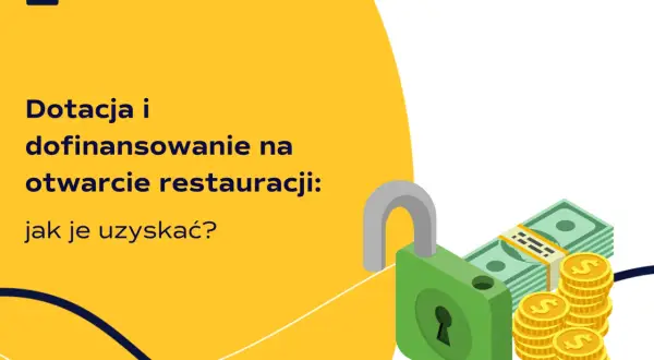 Otwórz restaurację z dotacją! Grafika pokazuje otwartą kłódkę, stos banknotów i monety, symbolizując dofinansowanie na otwarcie restauracji.