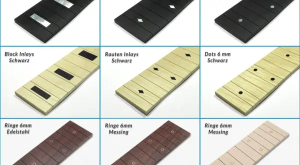 Neun Gitarrenhälse mit verschiedenen Einlagen: Block, Rauten, Punkte und Ringe. Ein Hals mit Palisander Griffbrett und Messingeinlagen.