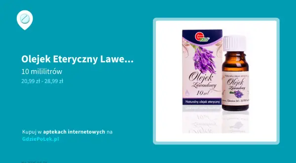 Butelka olejku lawendowego 10 ml z pudełkiem ozdobionym lawendą.