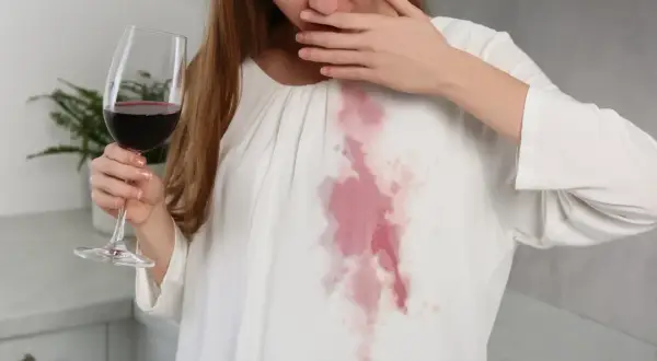 Kobieta z przerażeniem patrzy na swoje białe ubranie, na którym pojawiły się nieestetyczne plamy z czerwonego wina.