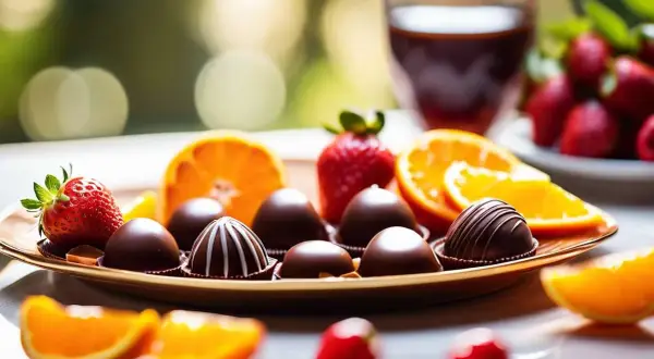 Assortiment de chocolats fins, fraises et quartiers d'orange, un délice pour les sens. L'orange au chocolat, une combinaison parfaite.