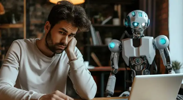 Znużony mężczyzna siedzi przy biurku, obok niego robot. Zastanawia się, jak wyłączyć AI z Google, bo ma już dość.