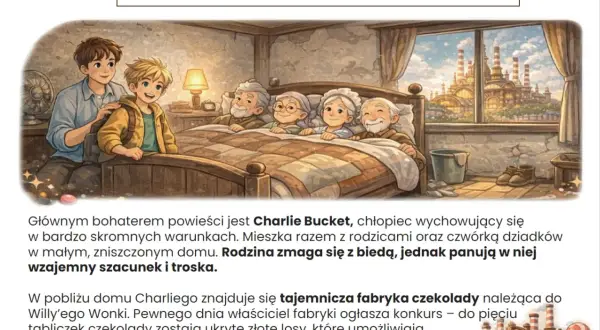 Charlie Bucket z rodziną w skromnym domu, w tle fabryka czekolady.
