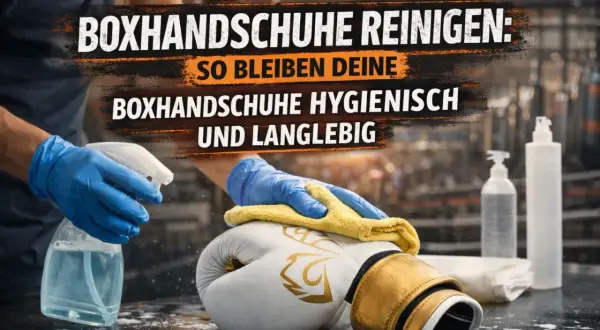 Boxhandschuhe reinigen: Mit Handschuhen und Lappen werden Boxhandschuhe hygienisch und langlebig gehalten.