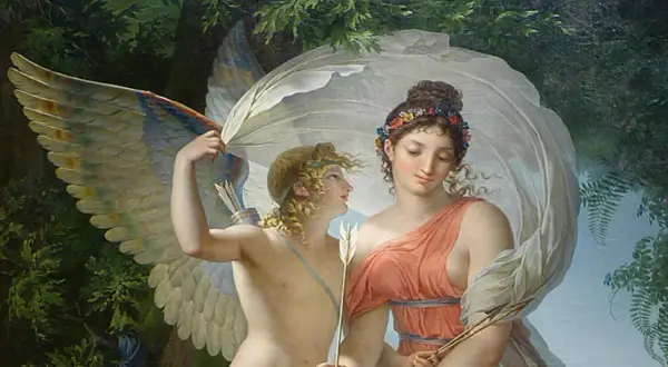 Dans la mythologie, Aphrodite, déesse de l'amour, est représentée ici avec Cupidon.