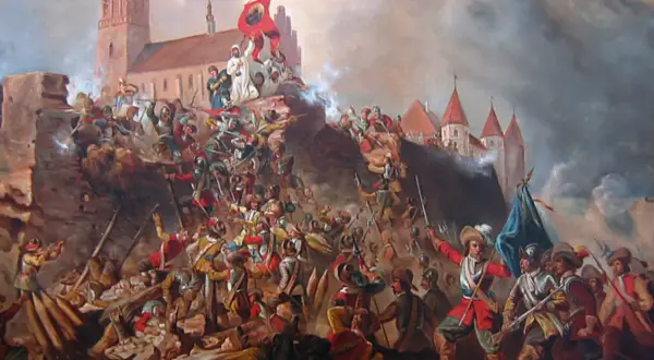 Obraz przedstawia bitwę o zamek, gdzie żołnierze w historycznych strojach walczą o mury. Scena oddaje dynamikę potopu wydarzeń historycznych.