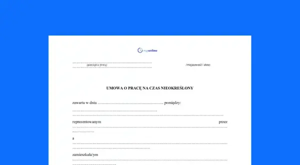 Formularz umowy o pracę na czas nieokreślony. Wypełnij dane firmy, datę i miejsce zawarcia umowy.
