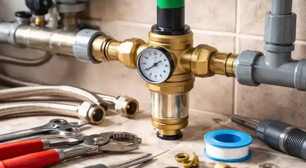 Outils et pièces pour nettoyer un réducteur de pression d'eau. Un manomètre indique la pression.