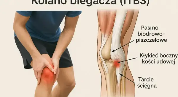 Ból kolana biegacza (ITBS) spowodowany tarciem ścięgna. Ilustracja pokazuje anatomię kolana i jego leczenie.