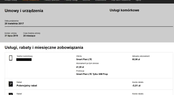 Szczegóły umowy Orange: telefon komórkowy, abonament, rabaty i zobowiązania.