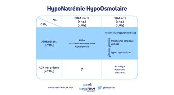 Tableau clinique de l'hyponatrémie hypo-osmolaires, classifiant les causes selon la présence d'ADH et le volume intravasculaire, et identifiant les situations de manque de sodium.