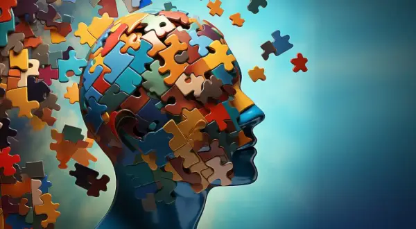 Głowa złożona z kolorowych puzzli, niektóre odpadają, tworząc mętlik w głowie.