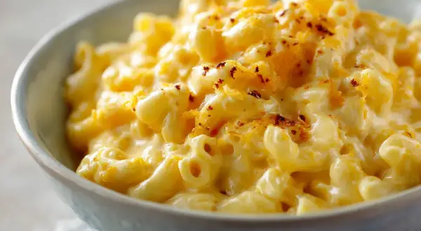 Krämig mac and cheese i en skål, perfekt för ett enkelt recept.