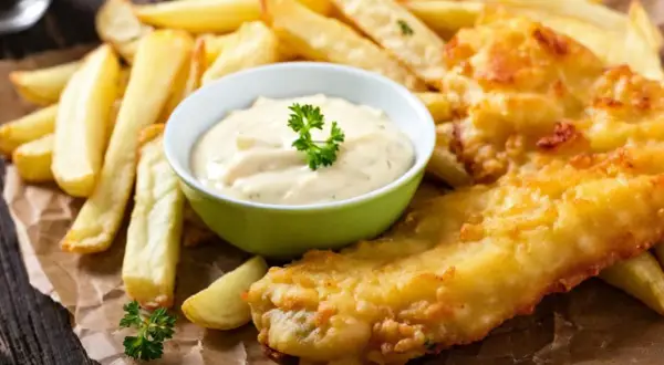 Poisson pané croustillant avec des frites dorées et une sauce crémeuse, parfait pour un repas savoureux.