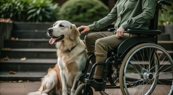 Ein Golden Retriever sitzt neben einer Person im Rollstuhl. Die Frage "was kostet ein Assistenzhund" beschäftigt viele.