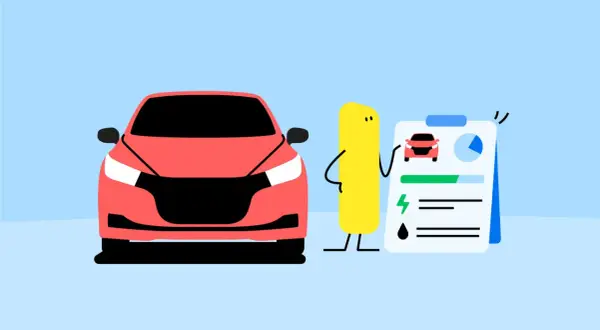 A red car and a yellow character stand next to a clipboard with car efficiency data.