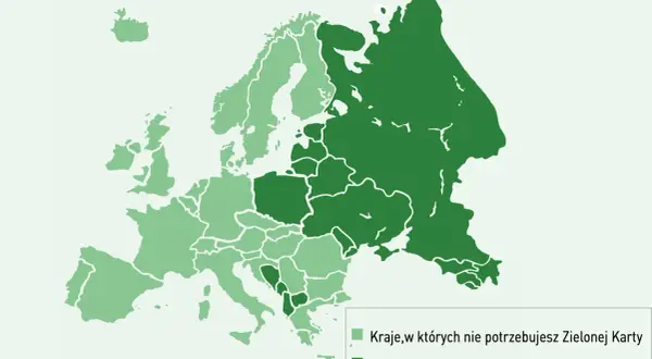 Mapa Europy z zaznaczonymi krajami, gdzie Zielona Karta OC jest potrzebna lub nie.