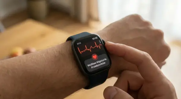 Na ekranie zegarka widoczny jest zapis EKG, który pokazuje rytm zatokowy. Obok serduszko z napisem "Możliwe Migotanie Przedsionków".