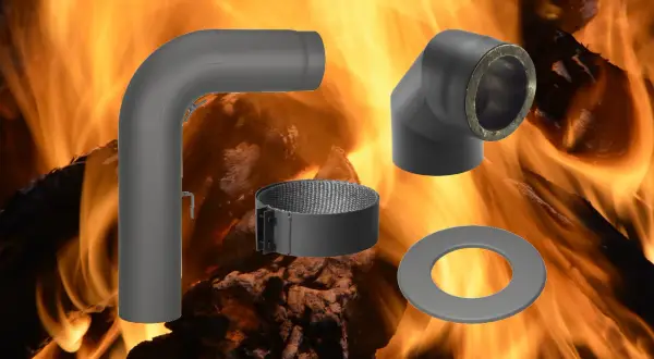 Ofenrohr-Teile und Dichtungsband für das Ofenrohr abdichten, vor loderndem Feuer.
