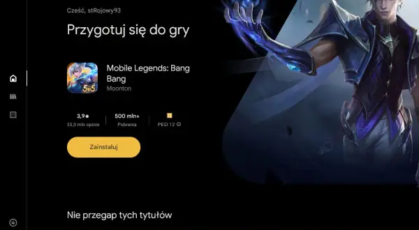 Grafika przedstawia ekran aplikacji Google Play Games z grą Mobile Legends: Bang Bang i postacią z gry.