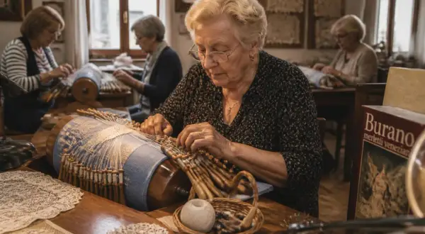 Donne anziane creano merletti a tombolo, un'arte tradizionale di Burano. I loro fili intrecciati danno vita a delicati ricami.