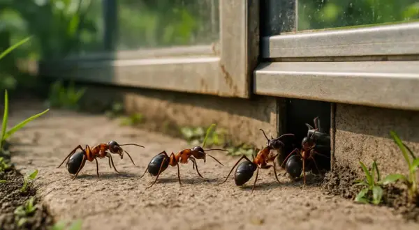 Mrówki w ogrodzie szukają schronienia. Zbliżenie na kilka mrówek przy wejściu do nory pod oknem.