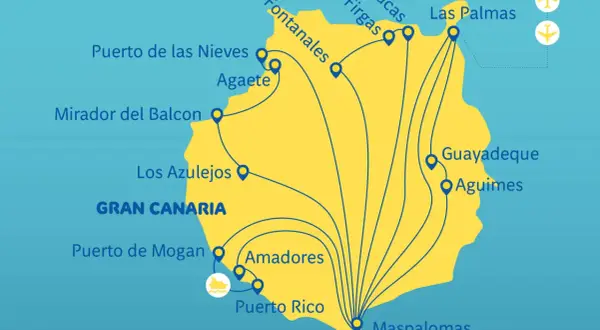 Mapa Gran Canaria z zaznaczonymi miejscowościami: Las Palmas, Puerto de Mogan, Maspalomas. Gdzie jest Gran Canaria? Na mapie widać lotniska i port.