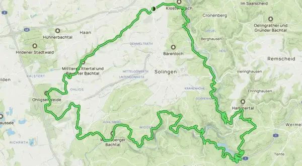 Die Karte zeigt den Verlauf des klingenpfad Solingen, eine grüne Route, die durch Wälder und Täler bei Solingen führt.