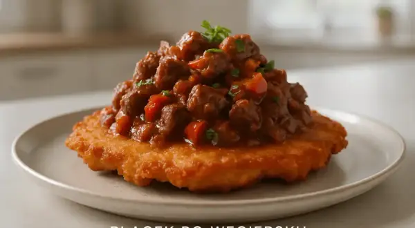 Pyszny placek po węgiersku, z gęstym gulaszem mięsnym i warzywami, podany na chrupiącym placku ziemniaczanym.