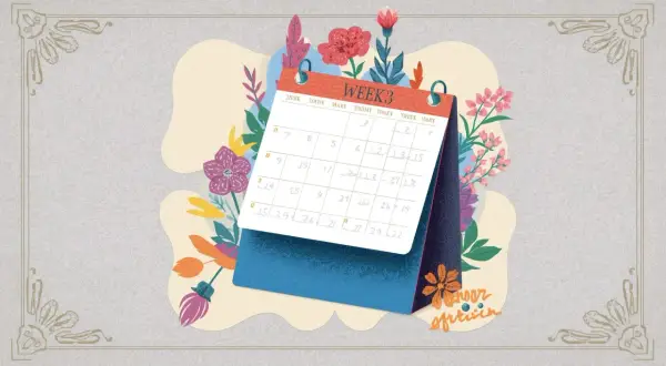 Calendario de escritorio con flores y la palabra "WEEK 3" escrita.