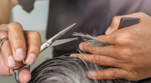 Friseur schneidet kurz grau lila Haare.