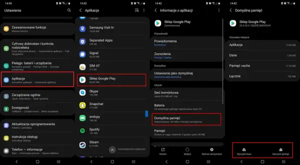 Szukasz informacji o **sklep play aktualizacja**? Na zrzutach ekranu widać ścieżkę do ustawień aplikacji Sklep Google Play, gdzie można sprawdzić zajmowane miejsce i wyczyścić dane.