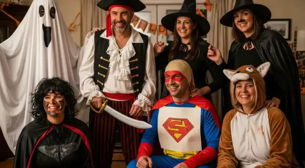 Grupa osób w kreatywnych strojach na Halloween: duch, pirat, superbohater, czarownice i zwierzątko.