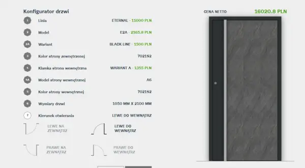 Konfigurator drzwi: profil okna, linia ETERNAL, model E2A, wariant BLACK LINE, kolor 7021S2, wymiary 1050x2100 mm, otwieranie lewe do wewnątrz.