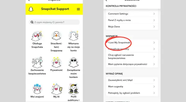 Ekran pomocy Snapchata. Widoczna opcja "I Lost My Snapstreak" – jak odzyskać dni na Snapie.