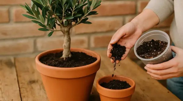 Ein kleiner Olivenbaum wird in frische Erde umgetopft. Hände streuen Erde in einen Terrakotta-Topf.