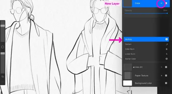 Learn how to use Procreate to add color to your line art. The "Multiply" blend mode is highlighted, showing a step in coloring fashion sketches.