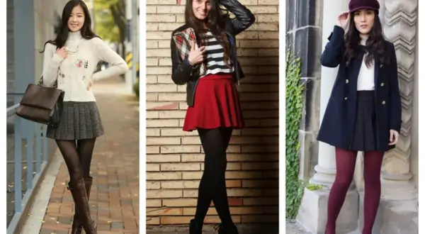 Trzy kobiety w modnych stylizacjach z mini spódniczkami. Jedna w beżowym swetrze i kratkowanej spódniczce, druga w skórzanej kurtce i czerwonej spódniczce, trzecia w granatowym płaszczu i czarnej spódniczce.