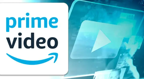 Prime Video Logo mit Play-Button und Collage aus Film- und Serienbildern. Viel Neues auf Prime!