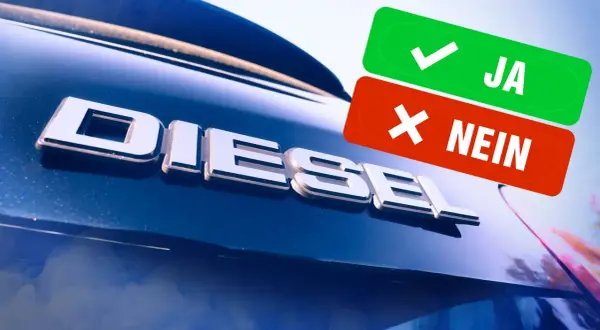 Ja oder Nein zu Euro 6 Diesel? Die Frage steht im Raum, während das Wort "DIESEL" auf einem blauen Auto prangt.