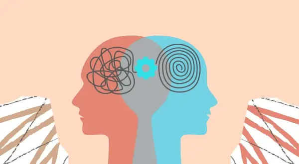 Dwa profile ludzkie, jeden z chaotycznymi liniami w głowie, drugi ze spiralą. Symbolizuje to drogę do poprawy zdrowia psychicznego polaków.
