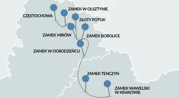 Mapa pokazuje szlak Orlich Gniazd rowerem, łączący Częstochowę z Krakowem przez zamki Olsztyn, Złoty Potok, Mirów, Bobolice, Ogrodzieniec i Tenczyn.
