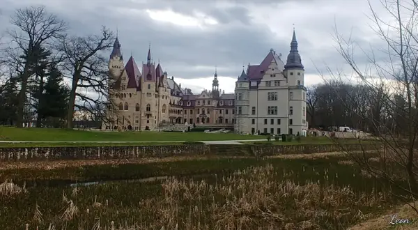 Majestatyczny zamek w Głogówku z wieżami i czerwonymi dachami, otoczony zielonym trawnikiem i stawem z trzcinami.