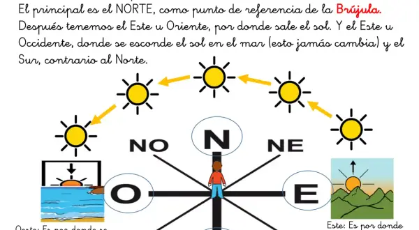 Rosa de los vientos y brújula con puntos cardinales: Norte, Sur, Este y Oeste. El sol sale por el Este y se esconde por el Oeste.