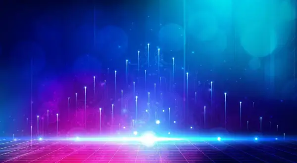 Un paesaggio digitale futuristico con circuiti luminosi e sfere luminose, che evoca il concetto di deep tech.