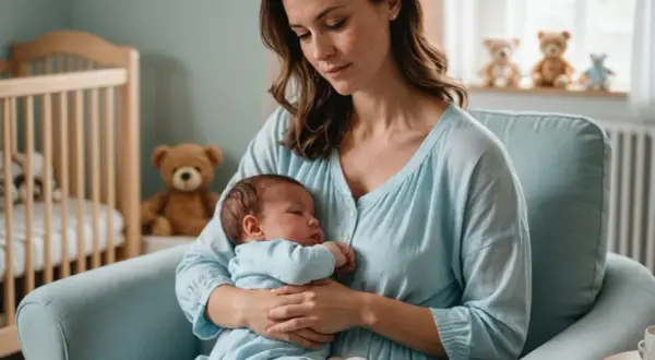 Matka tuli dziecko, gdy stabilizuje się laktacja. W tle łóżeczko i pluszowe misie.