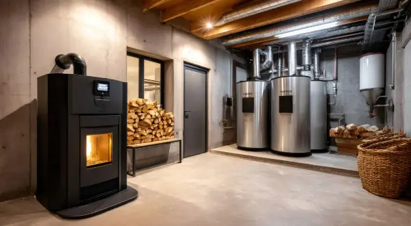 Caldaia a legna come funziona: stoccaggio pellet, bruciatore attivo e serbatoi di accumulo in un locale tecnico moderno.