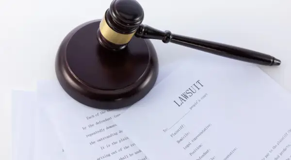 Młotek sędziowski na dokumentach sądowych, w tym na formularzu "LAWSUIT". Może to być związane z wnioskiem o alimenty.