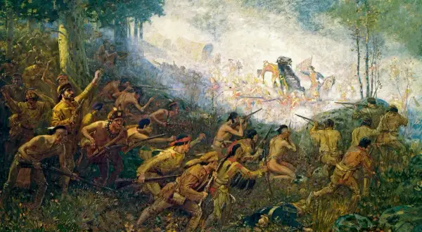 Strider i skogen, ursprungsbefolkning och nybyggare i strid, en scen från den amerikanska revolutionen.