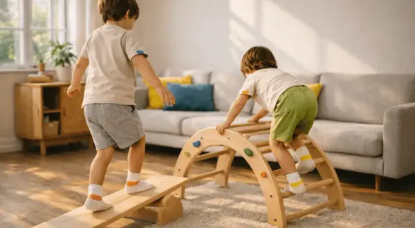 Niños jugando en un gimnasio de interior, desarrollando su motricidad gruesa al trepar y equilibrarse.